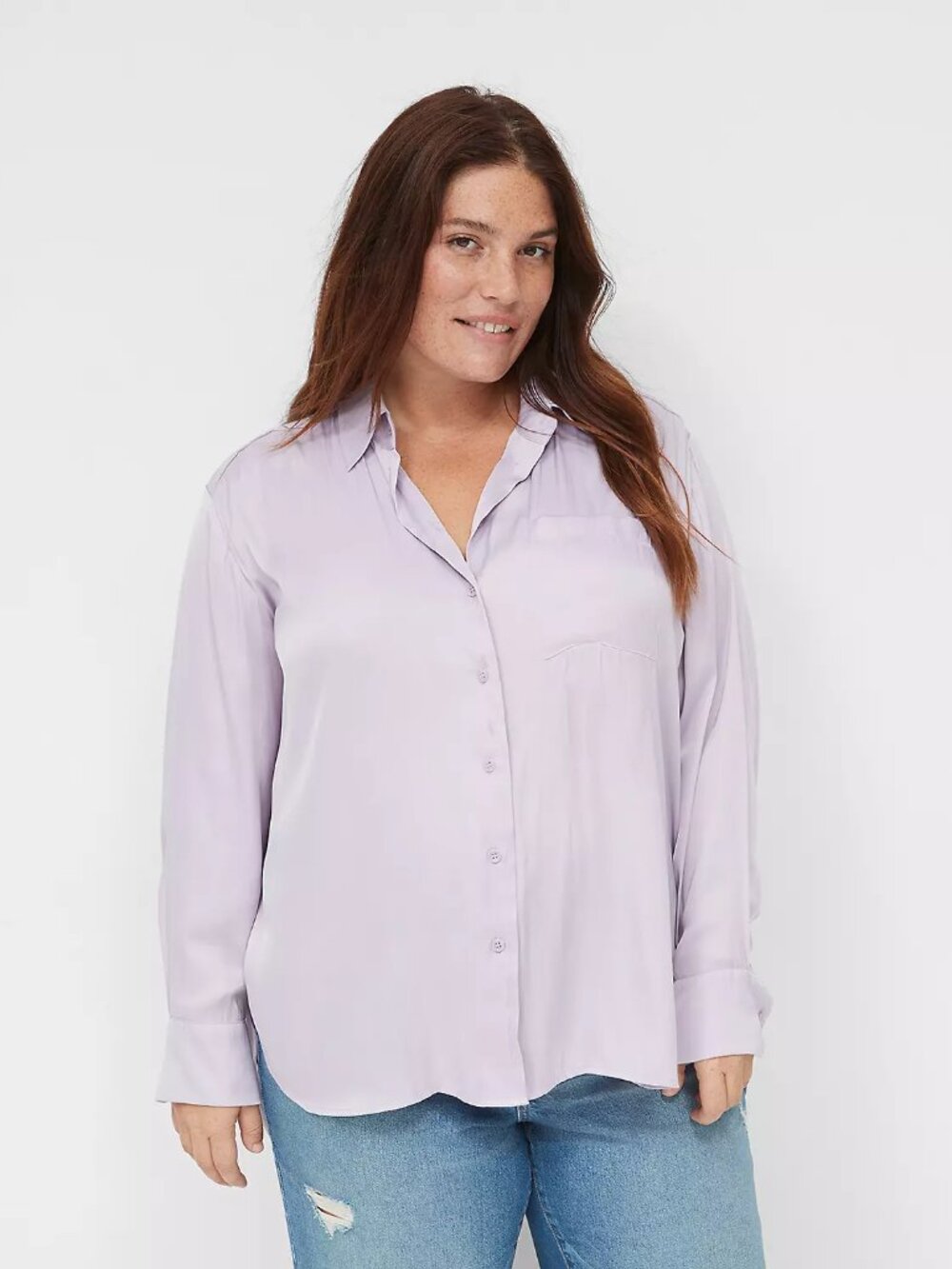 Lane Bryant Light Lavender Purple Silky Satin Boyfriend Button Down Blouse